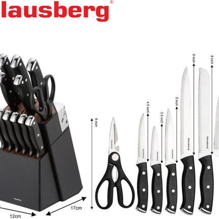 Klausberg KB-7985 13 Delig Messenset - Zwart Messenblok met Slijpstaaf - 6 Stekmessen Inclusief - Messenset met Blok - O.a. Broodmes, Koksmes, Vleesmessen en Schaar