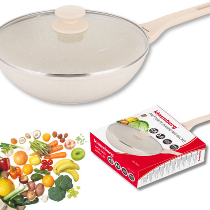 Klausberg Wokpan 28 cm met Deksel – Marble Coating – Inductie Geschikt – Diepe Hapjespan 3.9L – Crème – KB-7991