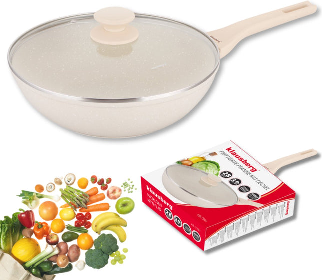 Klausberg Wokpan 28 cm met Deksel – Marble Coating – Inductie Geschikt – Diepe Hapjespan 3.9L – Crème – KB-7991