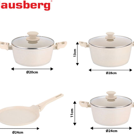 Klausberg KB-7963 Pannenset 7 Delig Beige | Marmer Anti-aanbaklaag | Inclusief Koekenpan 24 cm | Geschikt voor Inductie