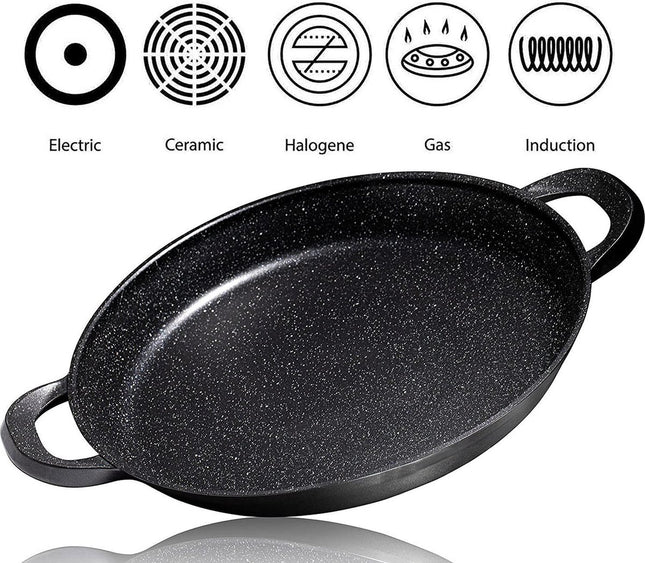 CUILINA Paella pan – Duitse GREBLON antiaanbaklaag Marmer coating - 36 cm- voor Inductie en alle warmtebronnen - Met afneembare siliconen handvatten.