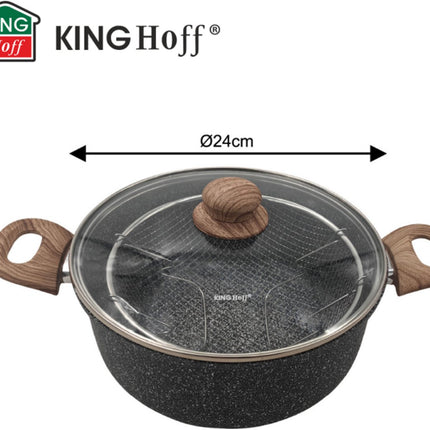 KingHoff KH-1985 4.0 Liter Frituur Pan met Mand - Marmer Non-Stick - Geschikt voor Alle Kookplaten Inclusief Inductie - 24 cm - Frituurpan met Korf - Friteuse