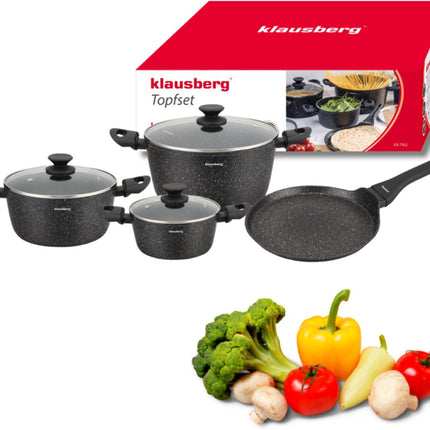 Klausberg KB-7962 Pannenset 7 Delig Zwart | Marmer Anti-aanbaklaag | Inclusief Pannenkoekenpan | Geschikt voor Inductie