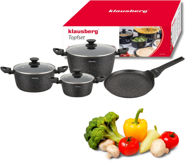 Klausberg KB-7962 Pannenset 7 Delig Zwart | Marmer Anti-aanbaklaag | Inclusief Pannenkoekenpan | Geschikt voor Inductie