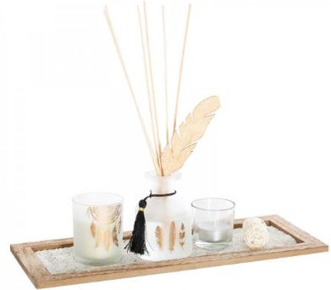 Geursensatie op een leuk plateautje - Parfum diffuser en Geurkaars pakket - Mooi cadeau voor vrouwen