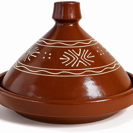 Traditionele Marokkaanse Tajine - Handgemaakt Aardewerk Ø 35 cm - Geschikt voor Gas, Oven en Open Vuur - Roodbruin met Witte Decoratie