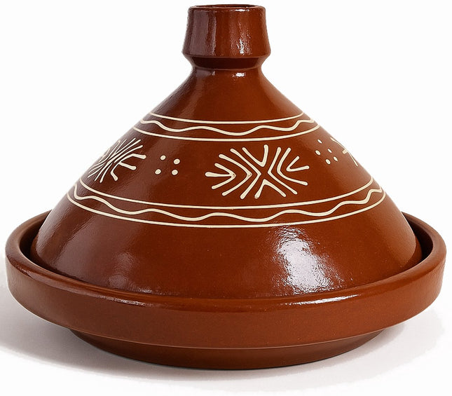 Traditionele Marokkaanse Tajine - Handgemaakt Aardewerk Ø 35 cm - Geschikt voor Gas, Oven en Open Vuur - Roodbruin met Witte Decoratie