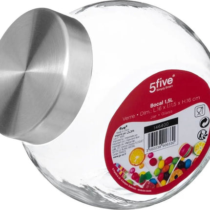 5Five Voorraadpot met RVS deksel - 2x - 1,5L - glas - snoeppot - voedsel bewaren - luchtdichte sluiting