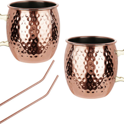 KINGHoff Moscow Mule Bekerset – 2 Koperen Bekers 500 ml + 2 Metalen Rietjes – RVS Binnenzijde – Hammered Design – Ideaal voor Cocktails & Iced Drinks