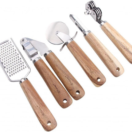 Kassel 5-delige set keukenaccessoires, roestvrij staal, acacia hout
