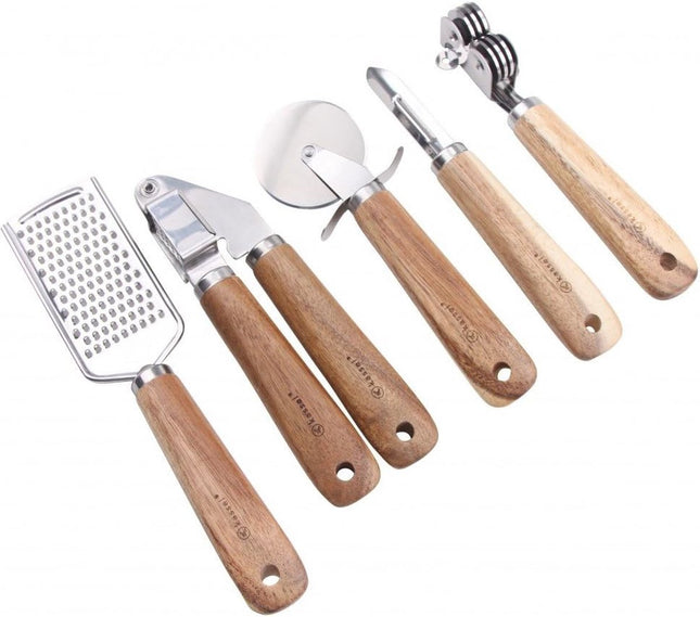 Kassel 5-delige set keukenaccessoires, roestvrij staal, acacia hout