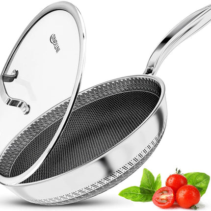 Premium koekenpan met deksel – 30 cm / 12 inch – antiaanbaklaag | Krasbestendig | Extra diep en groot | Vrij van chemicaliën | Roestvrijstalen pan | Honingraat hybride pan