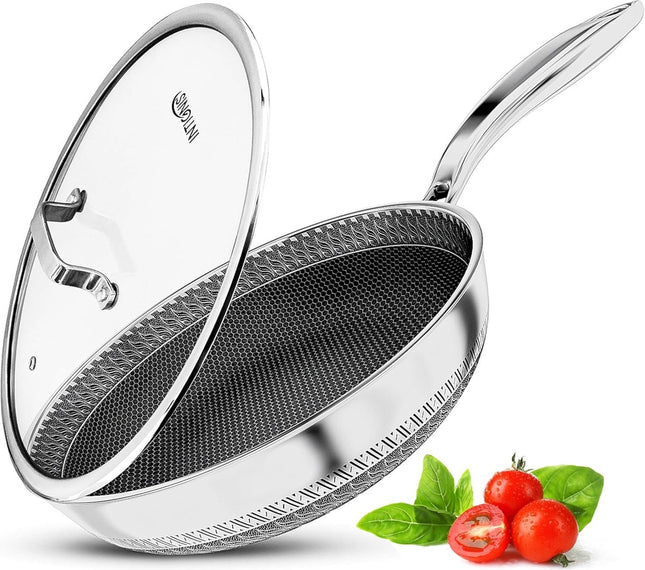 Premium koekenpan met deksel – 30 cm / 12 inch – antiaanbaklaag | Krasbestendig | Extra diep en groot | Vrij van chemicaliën | Roestvrijstalen pan | Honingraat hybride pan