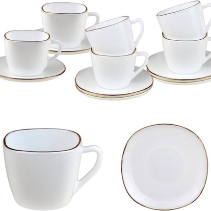 KingHoff Vierkante Kop en Schotel Set 12-delig - Wit Opaalglazen Koffiekopjes met Gouden Rand - 220 ml - Modern Design - Koffieset Schotelset