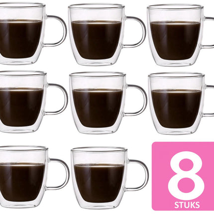 Set van 8 dubbelwandige/thermische koffietassen/thee/glas 250ml - met oor