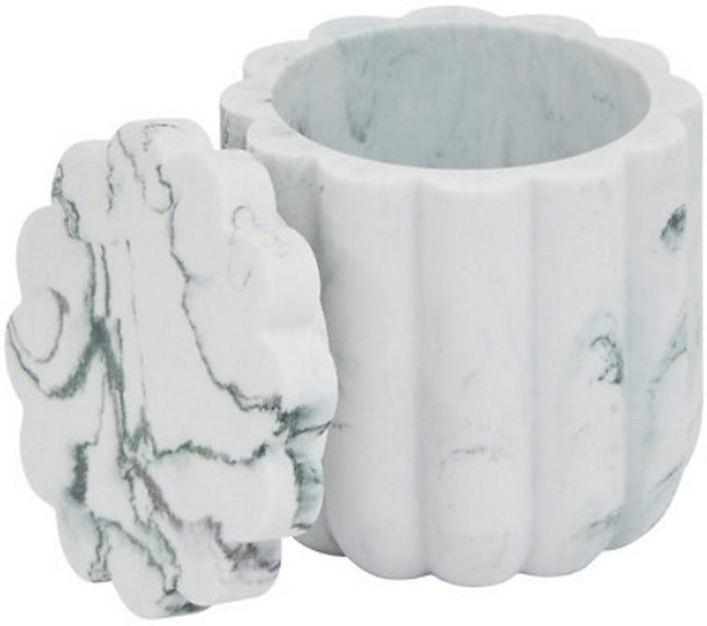 Marby Wattenschijfjeshouder Wit - Marmerlook - Polyresin - Diameter 9,1 cm x Hoogte 9,6 cm - Wattenhouder