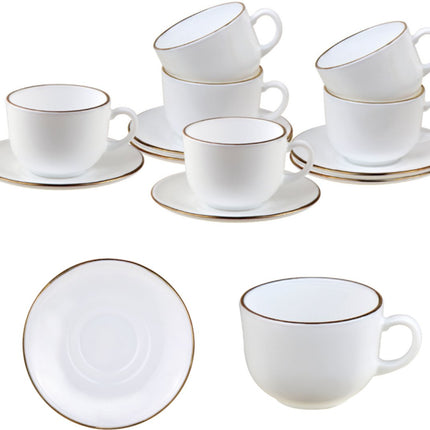 KingHoff Kop en Schotel Set 12-delig - Wit Opaalglazen Koffiekopjes met Gouden Rand - 210 ml - Set voor 6 Personen