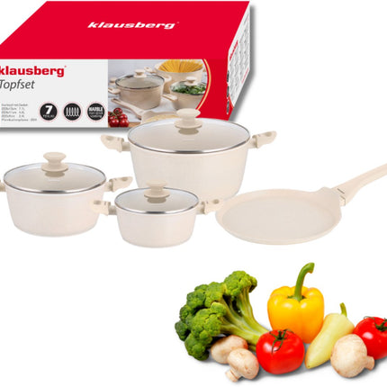 Klausberg KB-7963 Pannenset 7 Delig Beige | Marmer Anti-aanbaklaag | Inclusief Koekenpan 24 cm | Geschikt voor Inductie