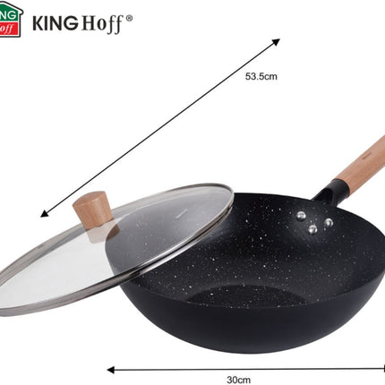 KINGHoff KH1984 Wok Pan 30 cm met Deksel - Roerbakpan voor Aziatisch Koken - Geschikt voor Alle Kookzones inclusief Inductie - Houten Handvat - Antiaanbaklaag