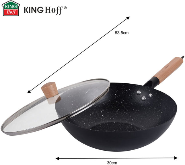 KINGHoff KH1984 Wok Pan 30 cm met Deksel - Roerbakpan voor Aziatisch Koken - Geschikt voor Alle Kookzones inclusief Inductie - Houten Handvat - Antiaanbaklaag