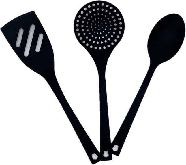 Basic & Co | Pollepel |  Kookgerei | Zwart | Inclusief Spatel & Opscheplepel | 29cm | Nylon | Compact & Hygiënisch |