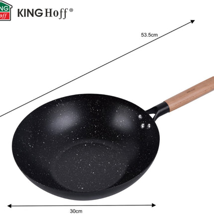 KINGHoff KH1983 Wok Pan 30 cm - Roerpan voor Wokken en Roerbakken - Geschikt voor Alle Kookzones inclusief Inductie - Houten Handvat - Antiaanbaklaag - Wokpan - Roerbakpan