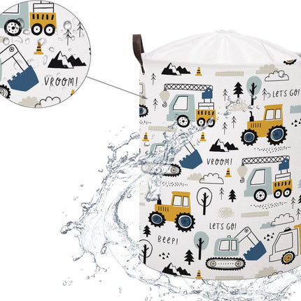 Graafmachine Speelgoedopbergmand - Katoenen Opbergbox met Trekkoord - Constructie Voertuigen Print - 43 Liter - 35x35x45 cm - Sipo - Kledingmand - Wasmand - Takelwagen