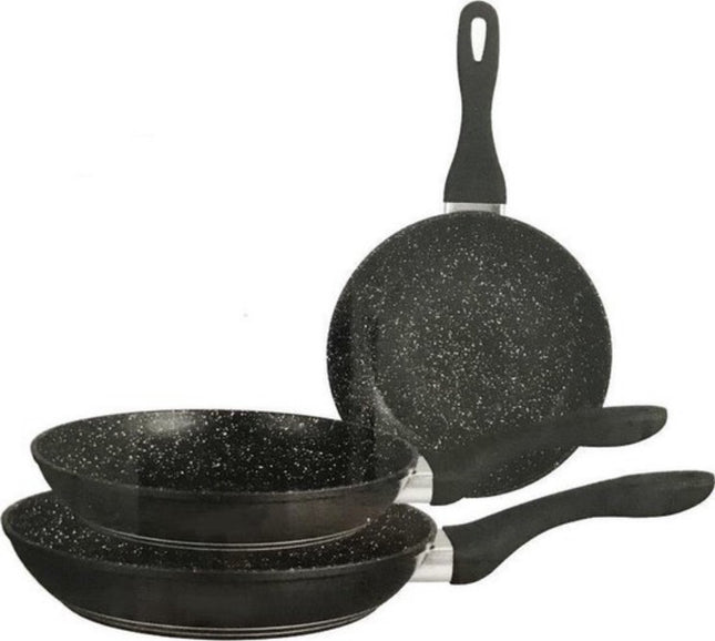 Set van 3 Koekenpannen - Stenen Coating - Zwart - Inductie - Alle Warmtebronnen
