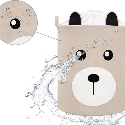 Beige Speelgoedopbergmand met Teddy Beer Gezicht - Katoenen Opbergbox - Kinderwasmand met Trekkoord - 43 Liter - 35x35x45 cm - Speelgoedmand - Sipo
