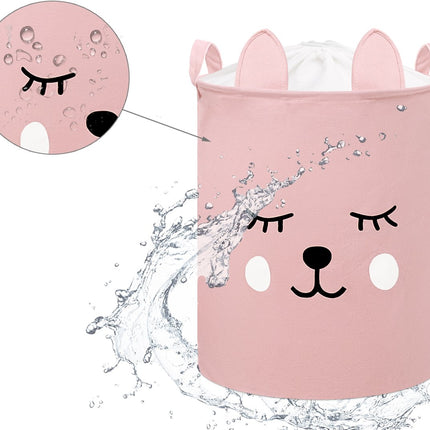 Roze Speelgoedopbergmand met Teddy Beer Gezicht - Katoenen Opbergbox met Trekkoord - Kinderwasmand - 43 Liter - 35x35x45 cm - Sipo - Speelgoedmand