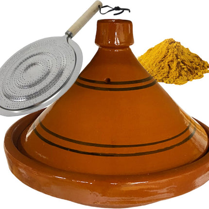 Marokkaanse authentieke aardewerk tajine 35 cm + Kruiden en vlamverdeler - cadeau pakket
