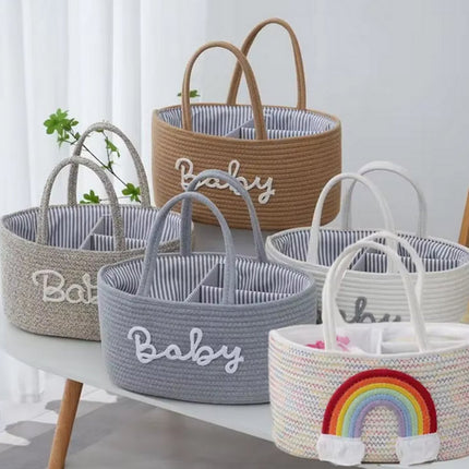 Baby Luiermand voor op de Commode – Opbergmand met 3 Vakken & Handgrepen – Wit met Grijze Letters Baby – Organizer voor Luiers, Doekjes en Accessoires - Luiertas Commodemandje - Baby Organizer
