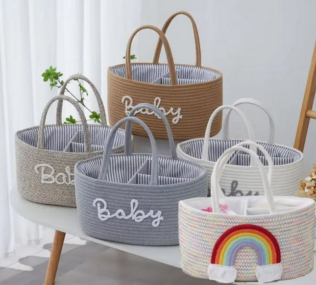 Baby Luiermand voor op de Commode – Opbergmand met 3 Vakken & Handgrepen – Regenboog Design – Organizer voor Luiers, Doekjes en Accessoires - Luiertas Commodemandje - Baby Organizer