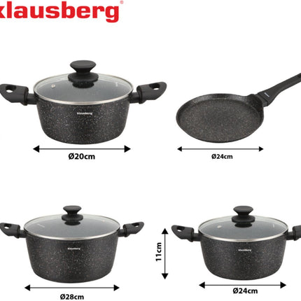Klausberg KB-7962 Pannenset 7 Delig Zwart | Marmer Anti-aanbaklaag | Inclusief Pannenkoekenpan | Geschikt voor Inductie