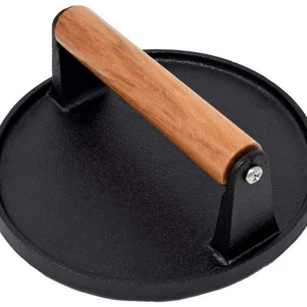 Gietijzeren Hamburgerpress XL – Zware Grill- en BBQ Press voor Hamburgers, Smashburgers en Vlees – 17,5 cm – Met Houten Handvat - Vleespress - Press voor gegrilde groenten - Rond