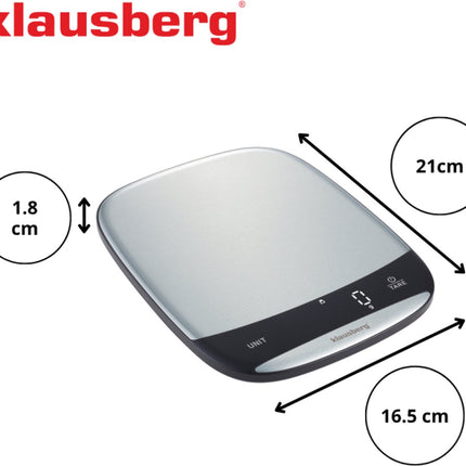 Klausberg KB-7936 Digitale Keukenweegschaal 10 kg – RVS INOX, USB-C Oplaadbaar, 1g Nauwkeurig, TARE Functie, Vloeistofmeting