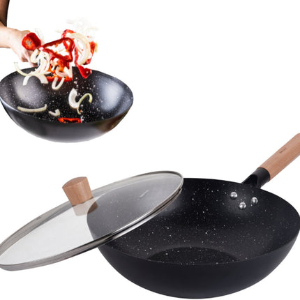 KINGHoff KH1984 Wok Pan 30 cm met Deksel - Roerbakpan voor Aziatisch Koken - Geschikt voor Alle Kookzones inclusief Inductie - Houten Handvat - Antiaanbaklaag