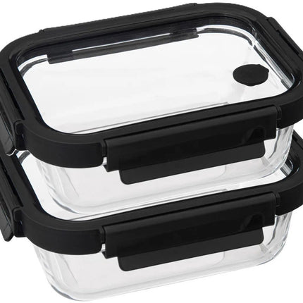 5Five Vershoudbakje met deksel - 2x - glas - luchtdicht - met clips - 19 x 14 x 7 cm - 500 ml - zwart/transparant