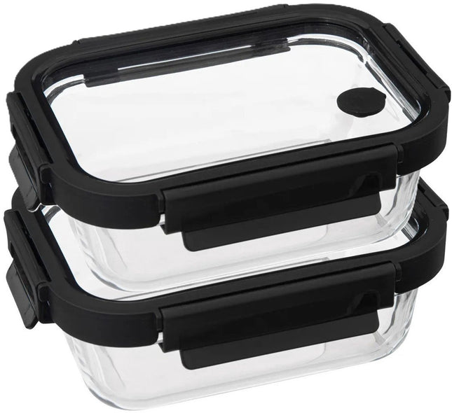 5Five Vershoudbakje met deksel - 2x - glas - luchtdicht - met clips - 19 x 14 x 7 cm - 500 ml - zwart/transparant