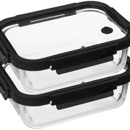 5Five Vershoudbakje met deksel - 2x - glas - luchtdicht - met clips - 23 x 18 x 8 cm - 1300 ml - zwart/transparant