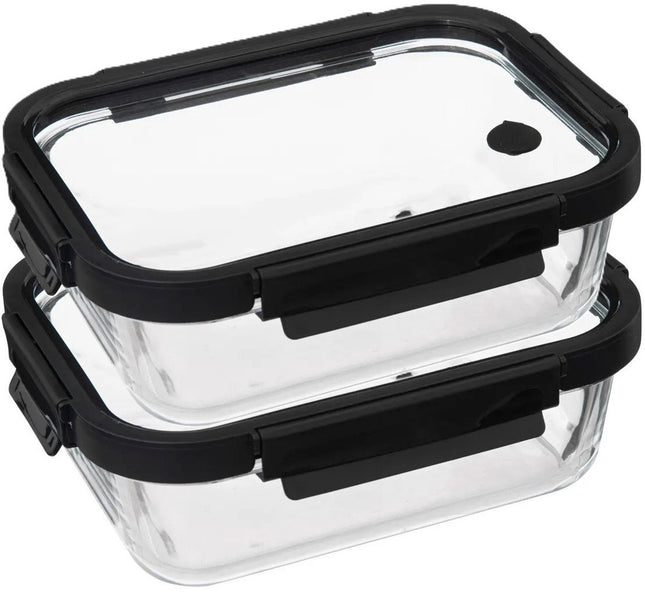 5Five Vershoudbakje met deksel - 2x - glas - luchtdicht - met clips - 23 x 18 x 8 cm - 1300 ml - zwart/transparant