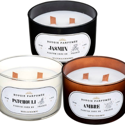 Luxe Geurkaarsen Geschenkset van 3 – Patchouli, Amber en Jasmijn – Houten Knetterlont