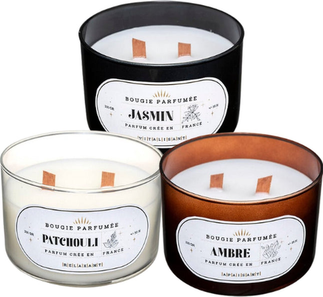 Luxe Geurkaarsen Geschenkset van 3 – Patchouli, Amber en Jasmijn – Houten Knetterlont
