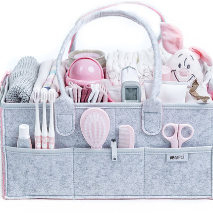 SIPO Luier Organizer Tas - Opbergmand voor Baby Accessoires - Grijze Felt Caddy met Handvat - 3 Vakken + 8 Zakken - Grijs / Roze - Commode Tas - Commode Organizer