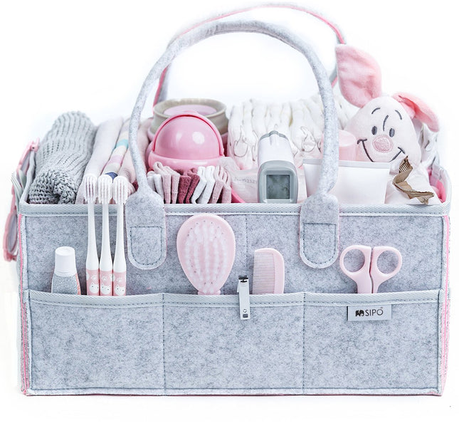 SIPO Luier Organizer Tas - Opbergmand voor Baby Accessoires - Grijze Felt Caddy met Handvat - 3 Vakken + 8 Zakken - Grijs / Roze - Commode Tas - Commode Organizer