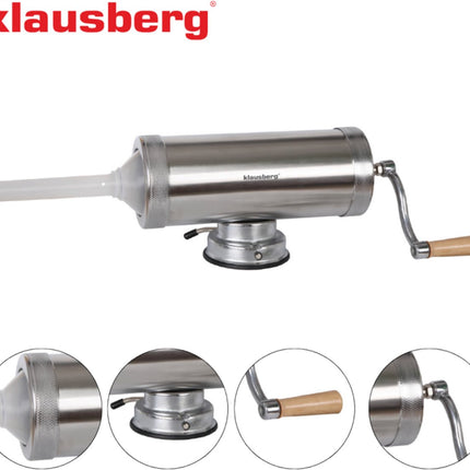 Klausberg Worstvuller Horizontal - Vleesvuller - 2,5 kg Capaciteit - RVS - Met Zuignap en 3 Spuitmonden - KB-7925