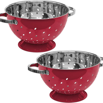 Set van 2x stuks vergiet/zeef op voet rood/zilver 25 x 16 cm van RVS - Keukenvergieten