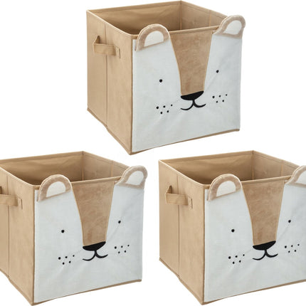 Atmosphera Opbergmand/kastmand leeuw - 3x - voor kinderen - karton/kunststof - bruin - 30 x 30 cm