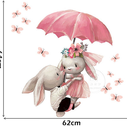 Wandsticker Konijntjes met Paraplu - Zelfklevende Muurdecoratie voor Kinderkamer - 64x62 cm - Schattige Konijnen Sticker voor Meisjeskamer en Babykamer - Muursticker