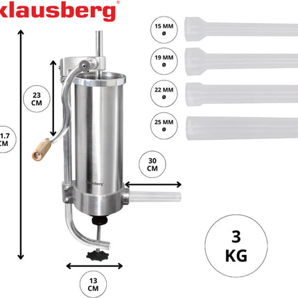 Klausberg KB-7926 Verticale Worstvuller | 3 kg Capaciteit | RVS | Met 4 Vullers | Vleesvuller | Worstmaker